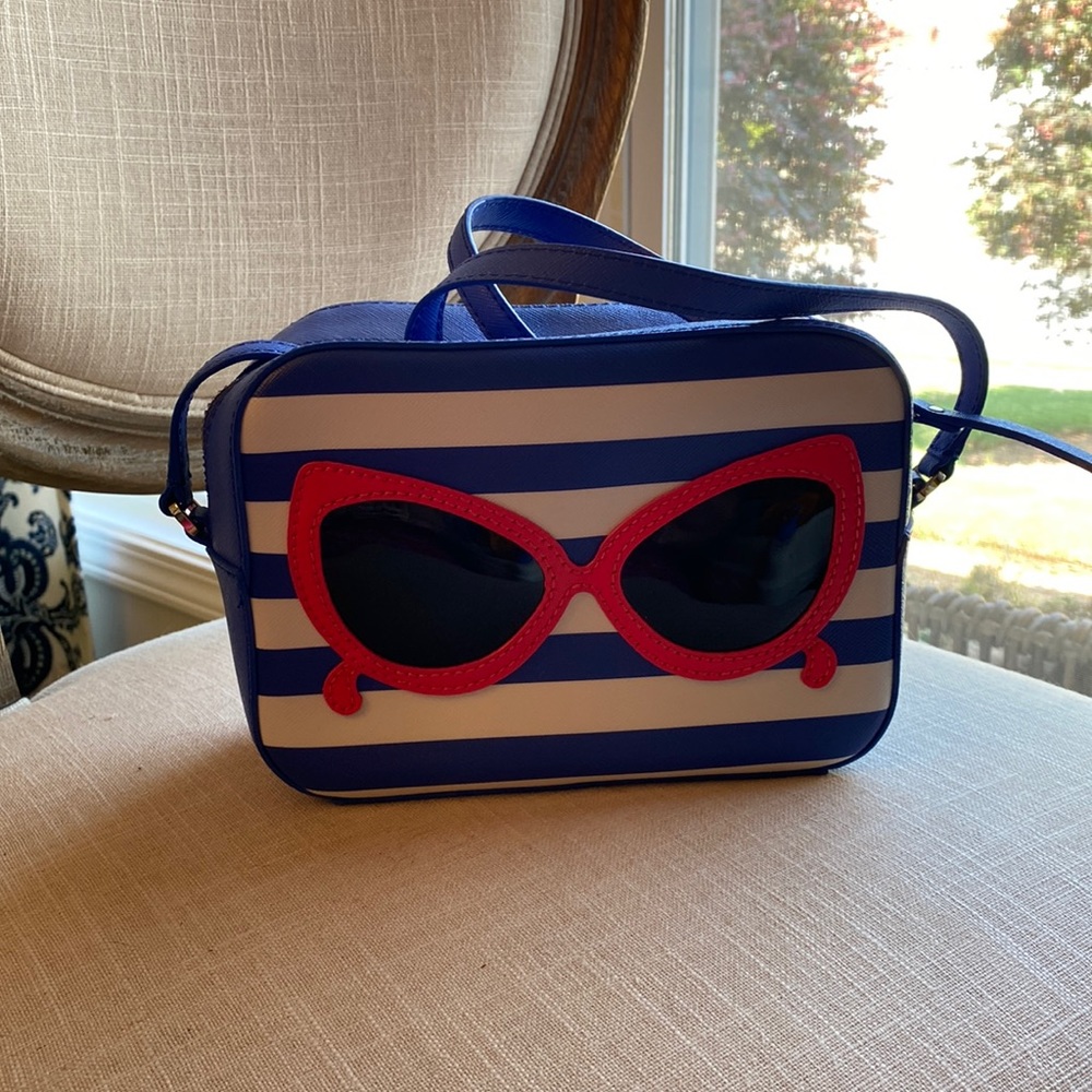 Kate Spade Blue and White Striped Crossbody Bag with Sunglasses Detail
